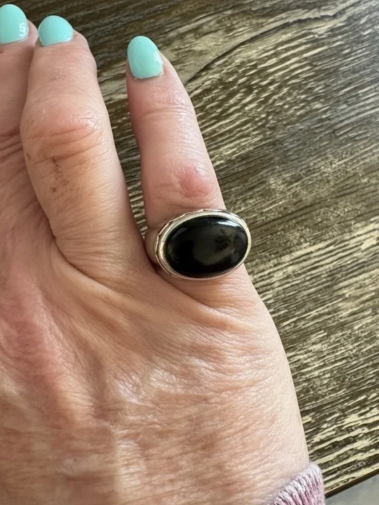 Vintage Sterling Silver Cabochon Onyx and Multi-Stone Inlay Ring. SZ 6.75 - Picture 8 of 17